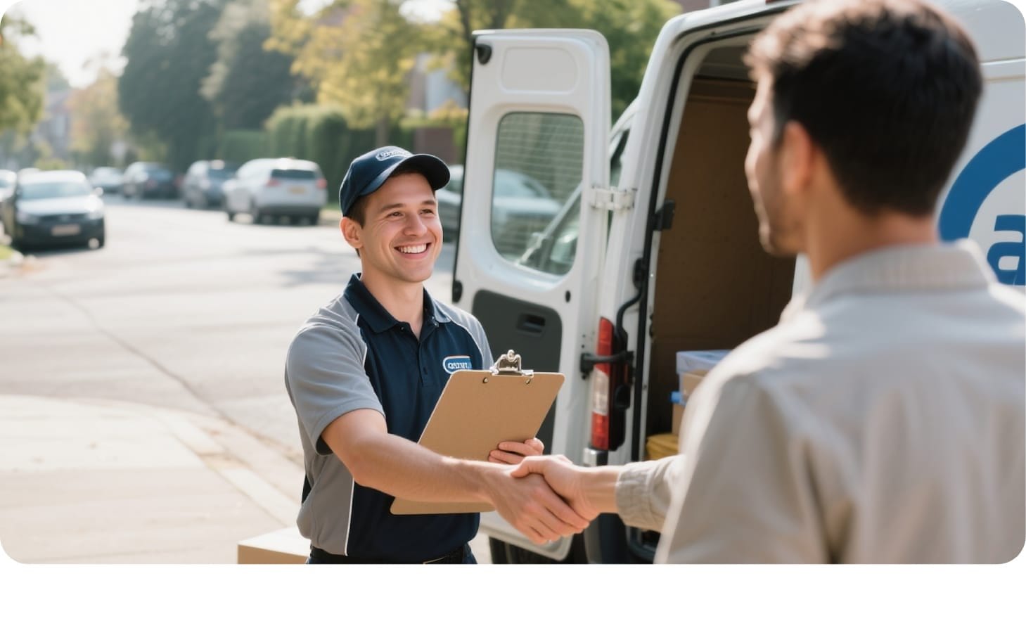 Customer shakes hands with delivery agent, showing satisfaction with order fulfillment.