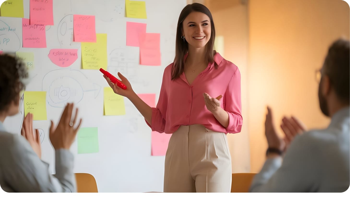 Professional leading a marketing workshop with team members for fintech.