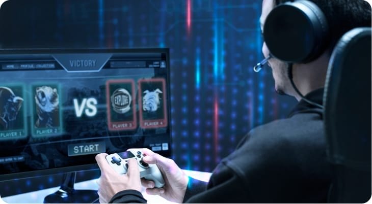 Gamer playing high stakes online casino games operations on a digital monitor.